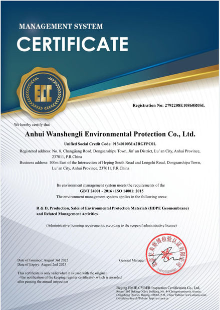中国 Anhui Wanshengli Environmental Protection Co., Ltd 認証